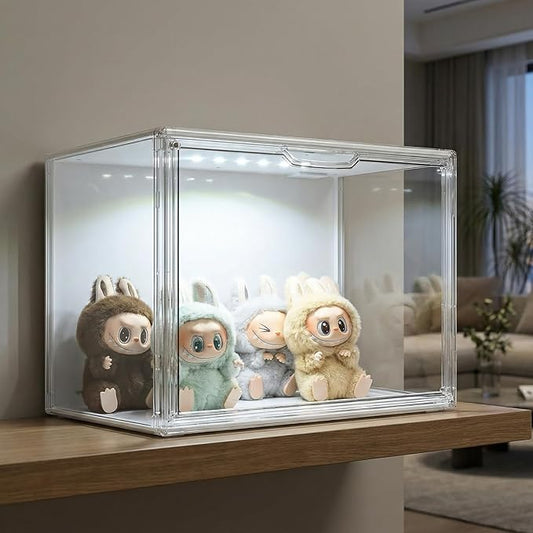 Clear Showcase with Light, Stackable Acrylic Display Case for Collectibles, Figures, Shoes, Toys & Jewelry, Dustproof Storage Box - Support Voice Control Lighting