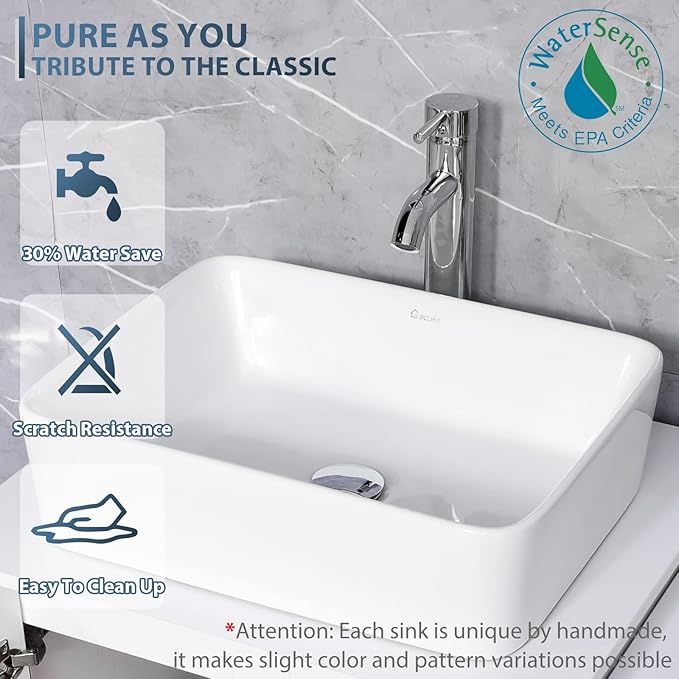 eclife 60" Modern Bathroom Vanity Sink Combo Freestanding Cabinet with Small Side Cabinet, White Rectangle Ceramic Vessel Sink, Water Save Faucet, Drain (White+T03)