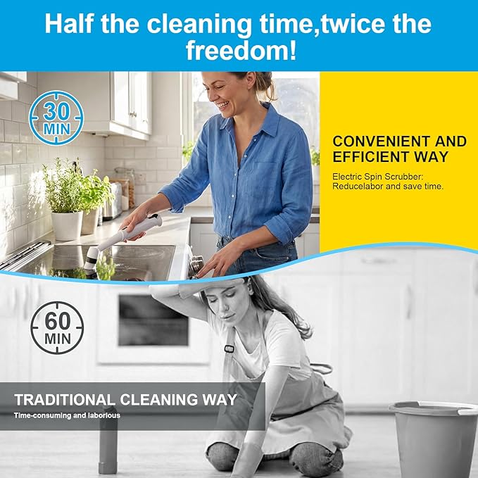 Electric Spin Scrubber-Waterproof Rechargeable with LED Light,5 Multi-Purpose Brush Heads for Deep Cleaning Grout, Tile, Bathroom, Kitchen, Sink, Shower, Tub, Corners & Tight Spaces