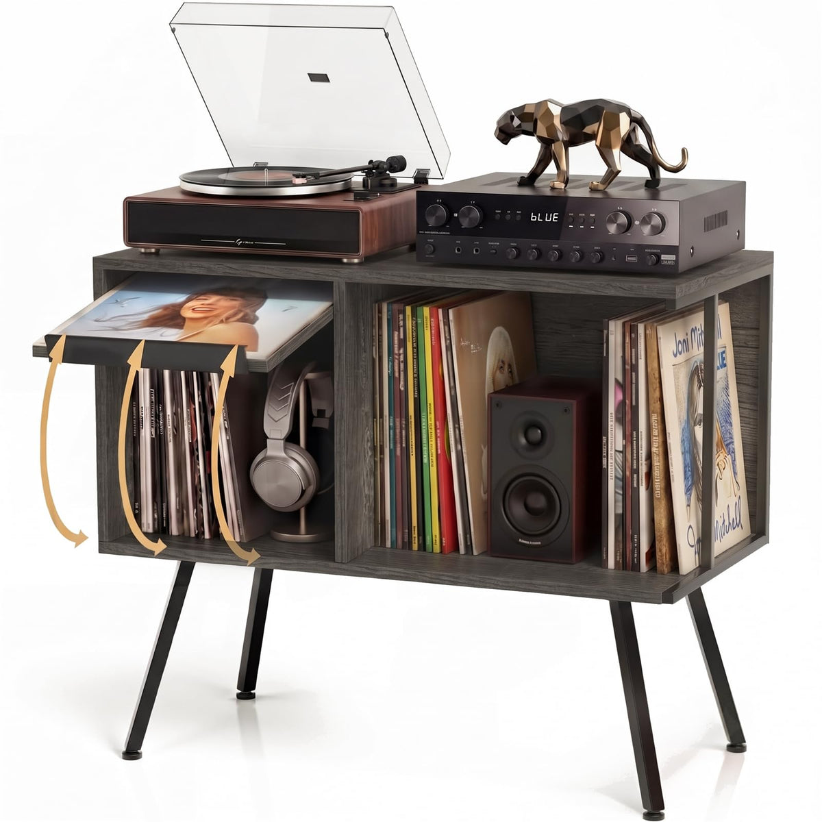 Record Player Stand with Flip-Down Record Shelf, Gray - Image 1