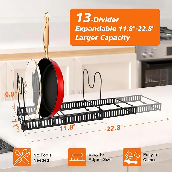 Under Cabinet Pot and Pan Organizer - Expandable (11.8"-22.8") Kitchen Cabinet Storage Rack with 13 Adjustable Dividers for Lids, Cutting Boards & Baking Sheets - Tool-Free Assembly, Black