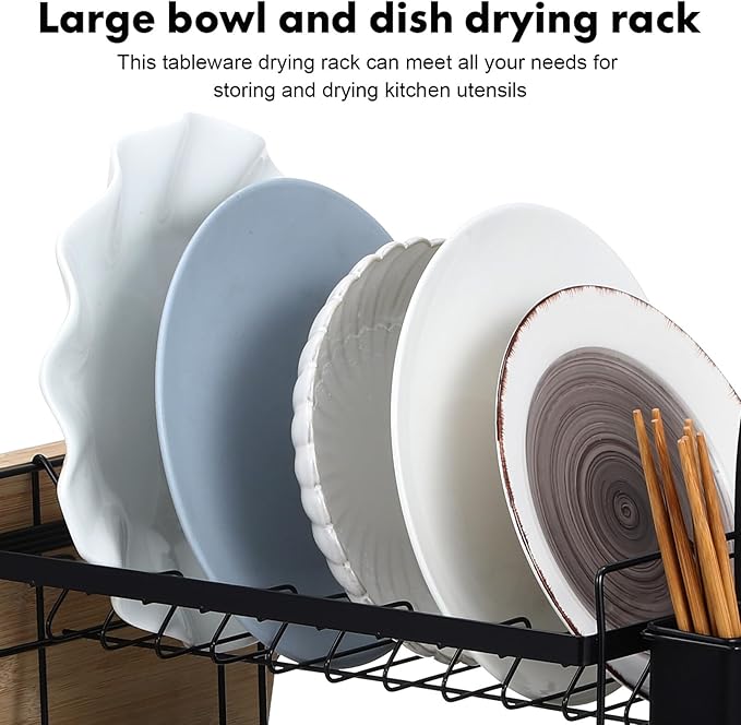 Large Capacity Double Tier Dish Drying Rack with Drainboard and Side Utensil Holder Over Sink Kitchen Counter Organizer for Bowls Plates Cutlery and Chopping Board Storage