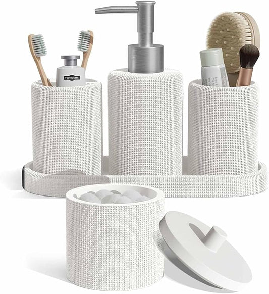 Clara Clark Bathroom Set - White Bathroom Accessories Set, 5PC Bathroom Accessory Set, Bathroom Sets with Soap Dispenser, Toothbrush Holder, Tumbler, Cotton Swab Jar & Vanity Tray