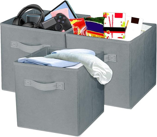 3 Pcs Storage Cubes, 10.5 Inch Collapsible Storage Bins, Fabric Foldable Bins for Organization, Durable Storage Bins for Closet, Shelves, Offices (Grey)