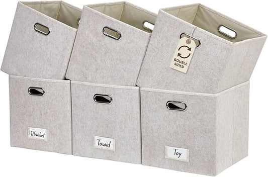 DECOMOMO Felt Storage Bins, 11 inch Cube Storage Bin with Labels for Shelves Kallax (Cube 11" / 6pcs, Beige)