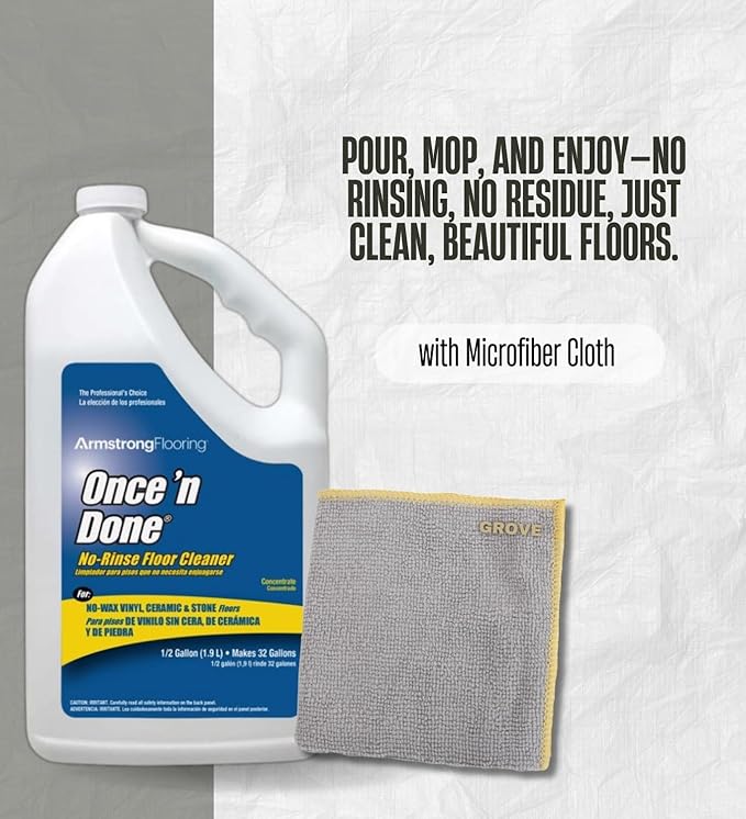 Armstrong Once'N Done Floor Cleaner Liquid 64 oz Bundle with Microfiber Cloth – Multi-Surface Floor Cleaner for Vinyl, Laminate, Tile, and More – Gift Set (2 Items)
