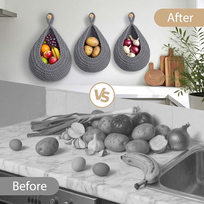 Hanging Fruit Baskets for Kitchen, 3 Pack Boho Cotton Rope Handwoven Vegetable Storage Wall Mounted Large Organizing Basket for Farmhouse Decor, Onion, Potato, Garlic and Plants