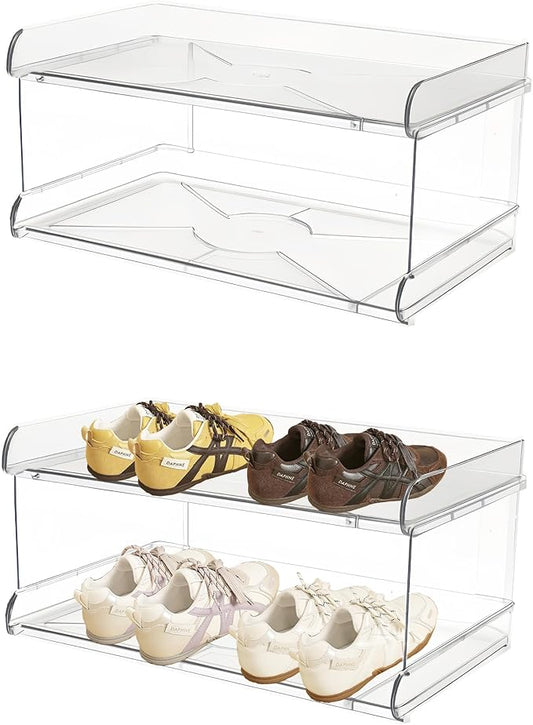 2 Tiers Acrylic Kids Shoe Rack,Shoe Organizer Storage for Shoe and Boot,Clear Shoes Shelf for Closet,Shoe Organizer for Entryway,for Hallway,Small Spaces,Garage,Closet