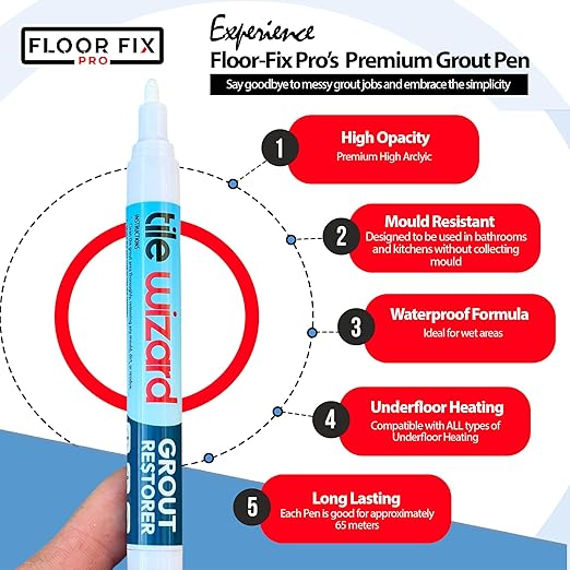Tile Wizard Grout Pen from Floor-Fix Pro | Waterproof Grout Paint | Tile Grout Colorant and Sealer Pen | Narrow Tip 5mm | 2 Pack -7ml (White, 2 Pack)