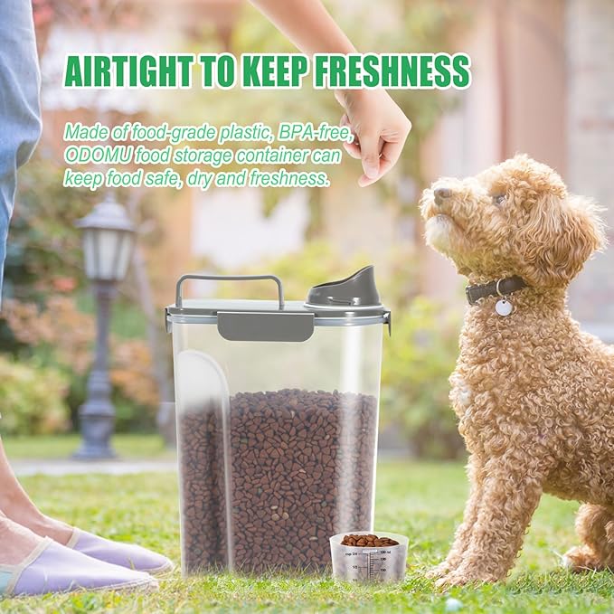 5-7LBS Upgraded Large Nozzle Cat Dog Food Storage Container BPA-free, Airtight Pet Food Storage Bin with 4 Lock Buckles, Sealing Gasket, Cup for Pet Food, Dog Treats, Rice, Flour, Dry-Crey