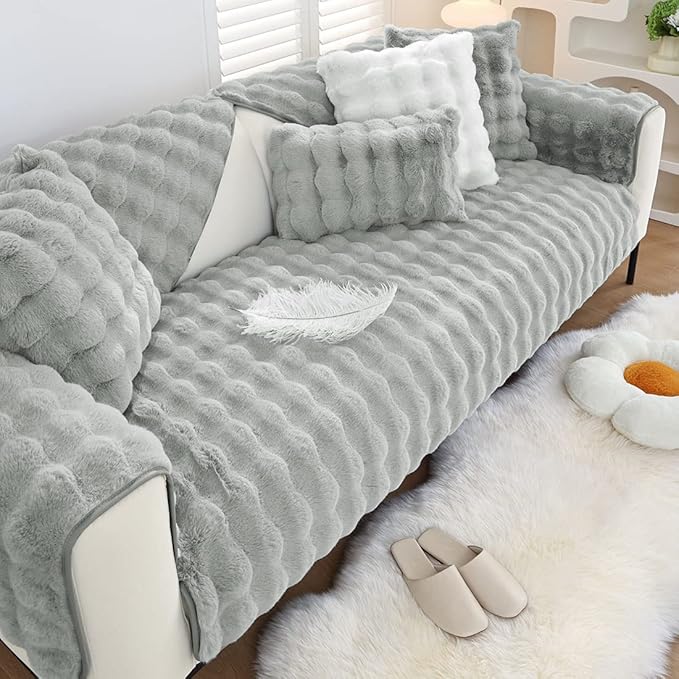 Soft Warm Faux Fur Couch Sofa Cover Thick Shaggy Fuzzy Sectional Couch Cover Non-Slip Solid Color Plush Sofa Slipcover Furniture Protector for Kids, Pets (Light Grey,36"x70")