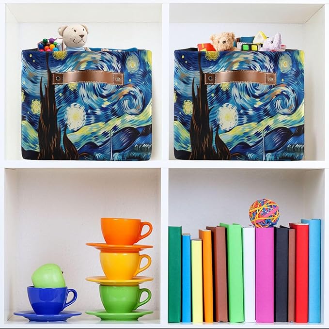 Storage Basket Starry Night Rectangular Collapsible Canvas Shelves Storage Bins with Leather Handles for Shelves Home Closet Bedroom Living Room, 2Pack