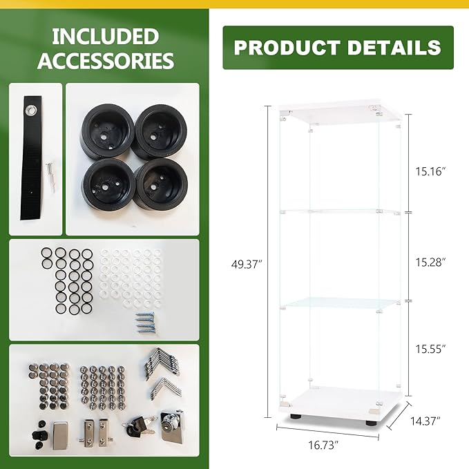 LFT HUIMEI2Y Glass Display Cabinet 3-Shelf with Door and Lock, Curio Cabinets Upgraded Quick-Install Style Tempered Glass Floor Standing Bookshelf for Bedroom, Living Room 49”x 17”x 14” White