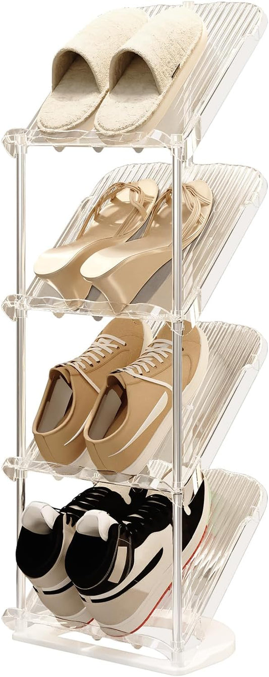 YYW Narrow Shoe Rack Vertical Shoes Rack for Entryway Corner Shoe Storage Organizer for Small Spaces Transparently Tall Slim Shoe Shelf for Front Door Entrance Living Room White 4 Layers