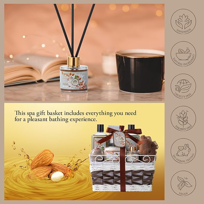 Valentines Day Gifts Coconut Almond spa kit, Bath and Body Gift Basket for Women & Men Spa Gift Basket,16 Pcs Bath Gift Set With Fragrant Lotion, Home Spa Luxurious Body Oil, Diffuser & More