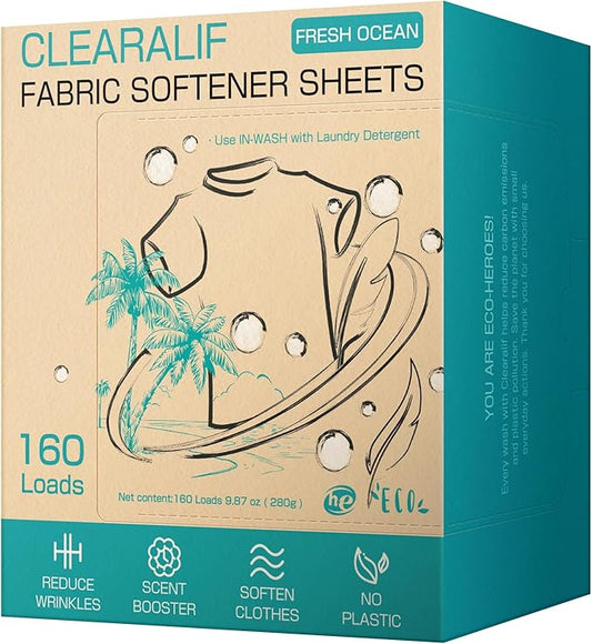 CLEARALIF laundry Fabric Softener Sheets, FRESH OCEAN Scent, 160 Loads, Eco Friendly, Great For Travel, Apartments, Dorms.