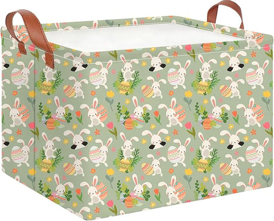 CLOCOR Rectangular Easter Gift Basket Empty,Waterproof Storage Basket with Handles,Room Decor(Pink Flower Easter Egg)