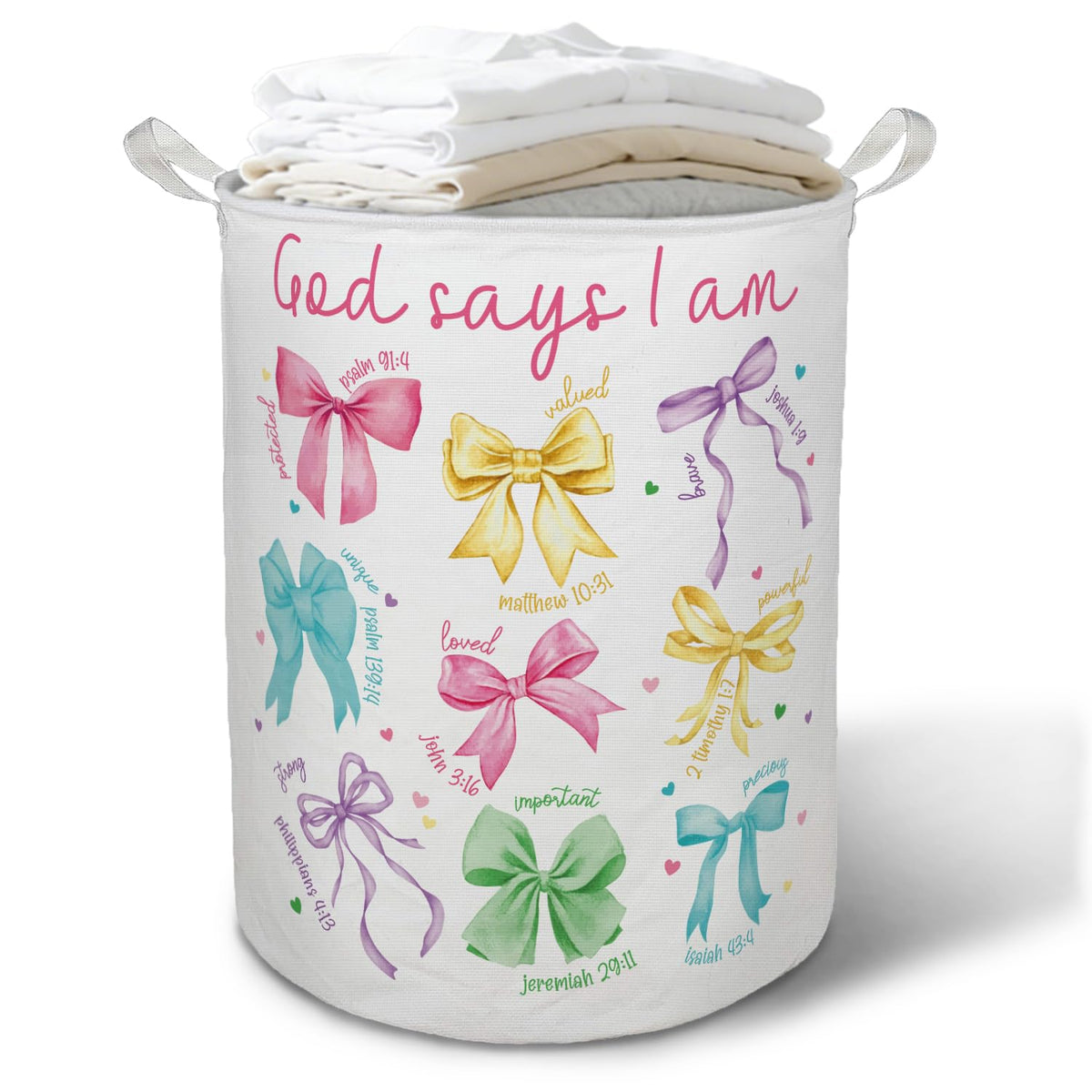 God Says I Am Colorful Bow Laundry Basket Hamper, Coquette - Image 1