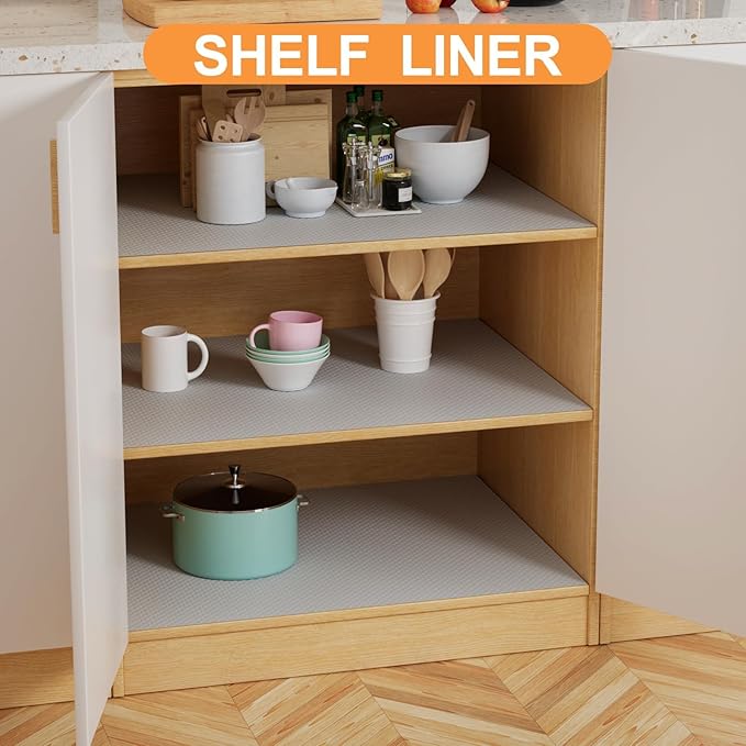 FLPMIX Shelf Liner 19" Wide: Waterproof Under Sink Mats Light Grey 19" x 300"- Easy to Cut & Clean Large Kitchen Drawer Liner for Pantry Cupboard