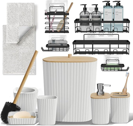 Clara Clark Bathroom Set - White Bathroom Accessories Set, 6PC Bathroom Accessory Set, Bathroom Sets with Bathroom Rugs, Adhesive Corner Shower Caddy Hanging, Toilet Brush, Trash Can & Soap Dispenser