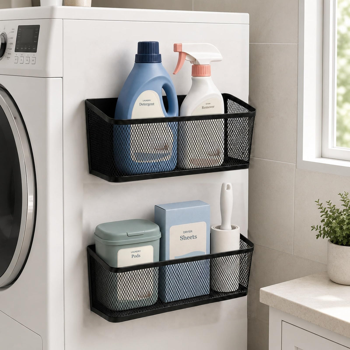 2 Pack Magnetic Shelves for Washer and Dryer, Black Metal Baskets - Image 1