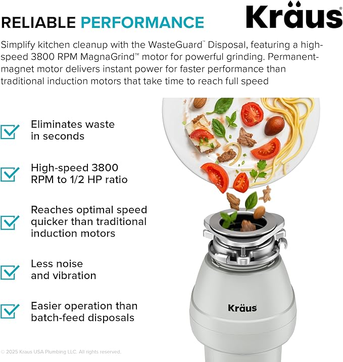 KRAUS WasteGuard 1/2 HP Continuous Feed Garbage Disposal with Ultra-Quiet Motor for Kitchen Sink with Power Cord and Flange Included, KWD201-50MCG