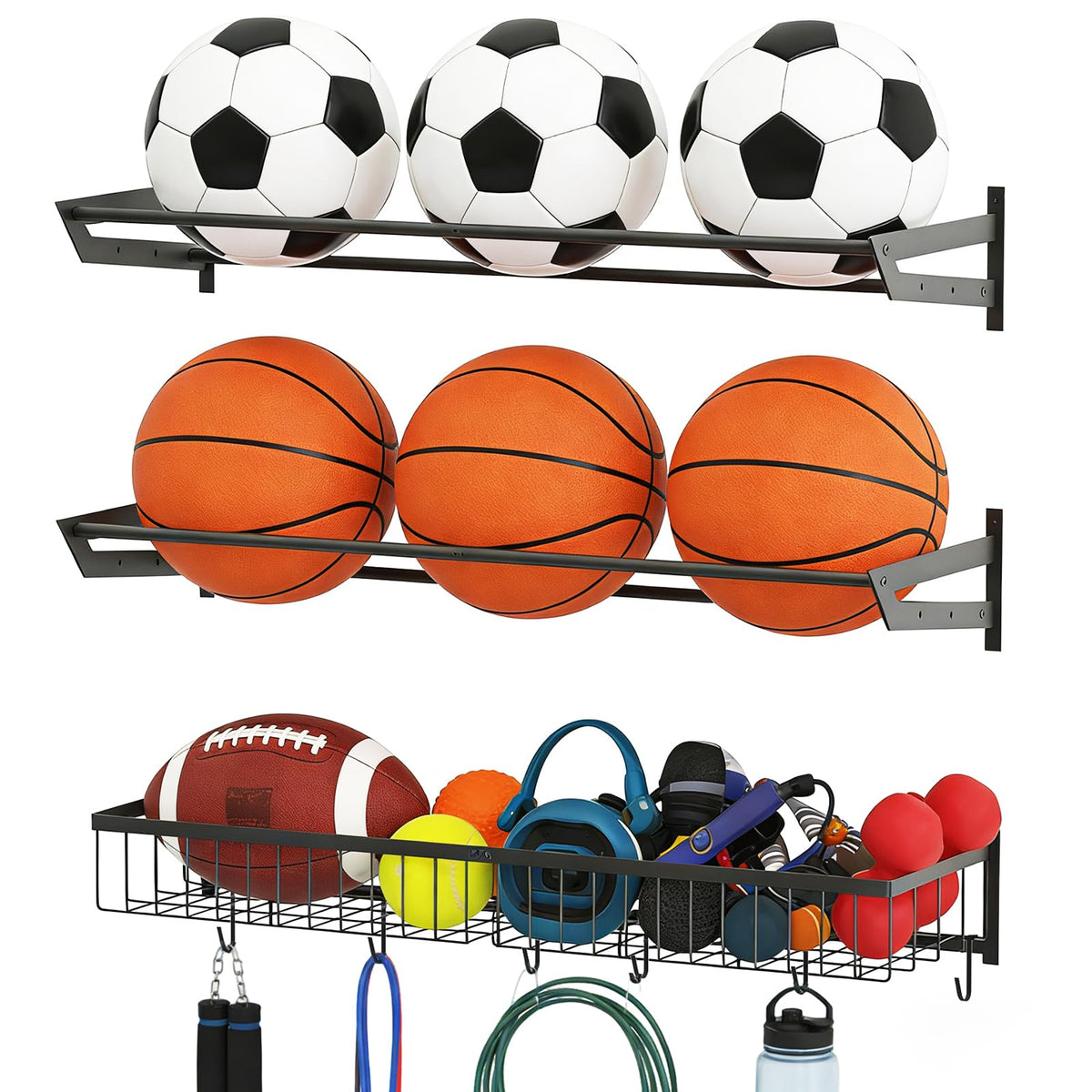 Wall Mount Ball Rack, Garage Sports Equipment Rack with 3 - Image 1