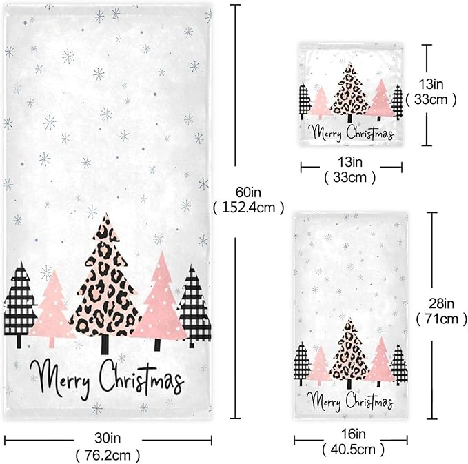 Pfrewn Plaid Pink Christmas Tree Towels Set of 3 Winter Forest Leopard Tree Grey Snowflakes Bathroom Towel Soft Absorbent Bath Hand Towels Washcloth Guest Towel Sets Xmas Holiday Decor