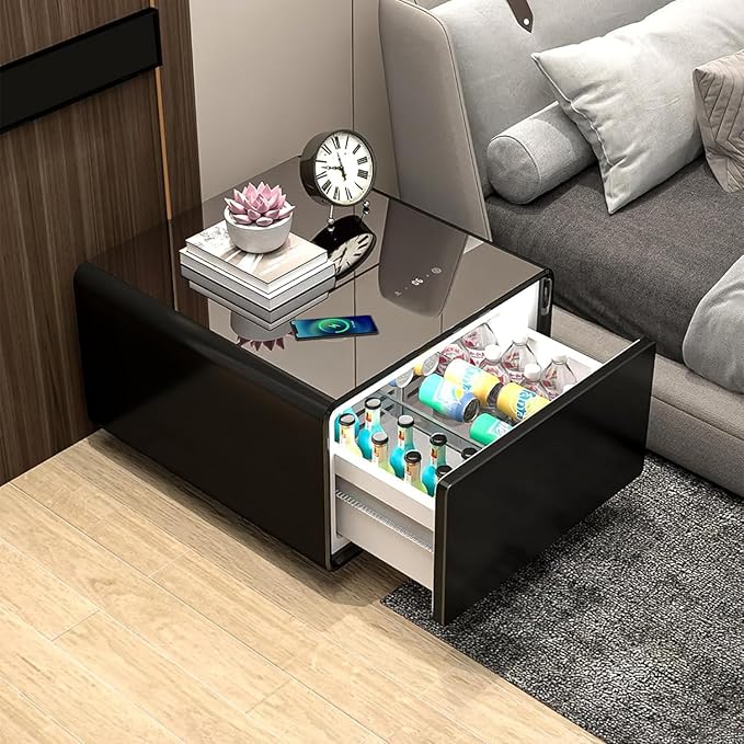 Smart Side Table with Fridge, Smart Nightstand with Refrigerator, Induction Light, Temperature Control, Wireless Charging, Power Socket, USB Ports, Outlet Protection (Black, LT65 Pro)