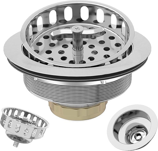 Kitchen Sink Drain 3-1/2 Inch Kitchen Sink Strainer Assembly with T-Shaped Strainer Basket and Drain Stopper for Standard Sink Brushed Stainless Steel