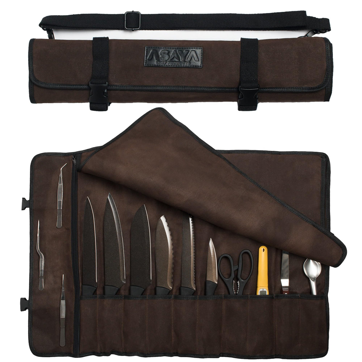 Asaya Waxed Canvas Chef Knife Roll Bag with 10 Slots - Image 1