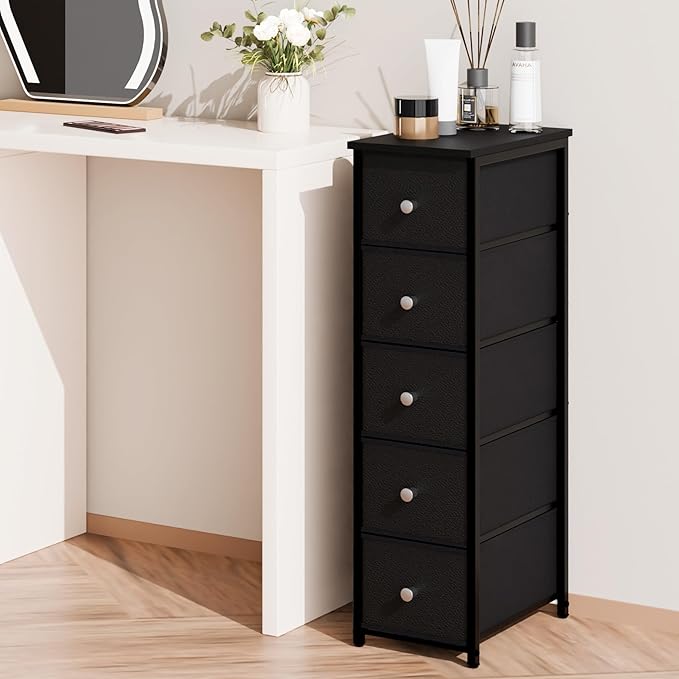 Narrow Storage Cabinet for Small Spaces Slim Bathroom Dresser with Drawers Tall Thin Storage Organizer for Bathroom Bedroom Skinny Cabinet(Black, 5 Drawers)