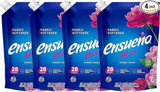 Ensueño Max Liquid Fabric Softener - Spring Fresh Scent - (4 Pack) 33.8 fl oz - Color-Safe Fabric Softener Liquid - Softens 112 Loads - Reduces Wrinkles & Static