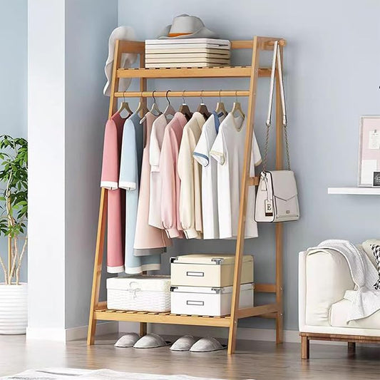 Bamboo Clothing Garment Rack 2 Tier Storage Shelf Coat Clothes Hanging Rack, Portable Wardrobe Closet Organizer With Top Shelf, Shoe Storage Shelves for Bedroom (Natural - 31.5 in)