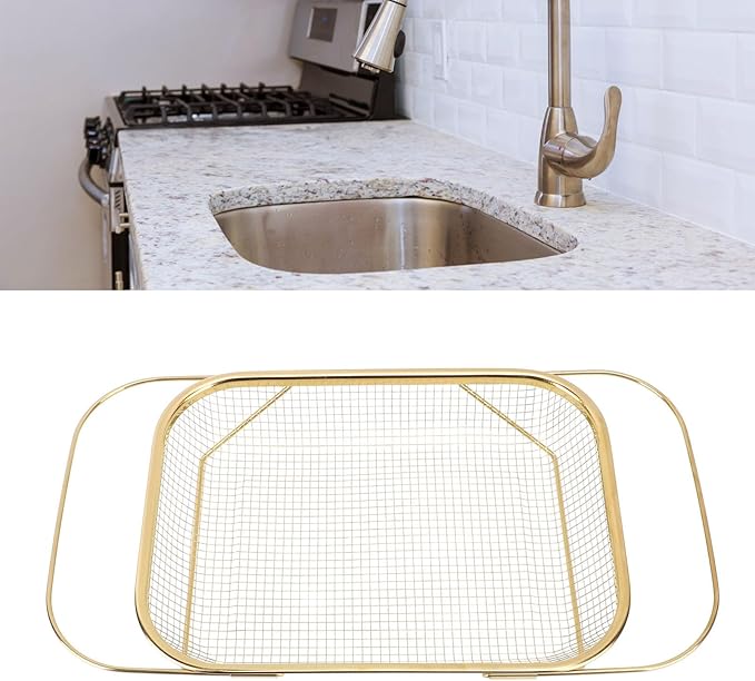 Over The Sink Colander, Rectangle Stainless Steel Over The Sink Strainer Basket For Kitchen Sink with Handles Fine Mesh Expandable Handy Kitchen Tool Kitchen Essentials (Gold)