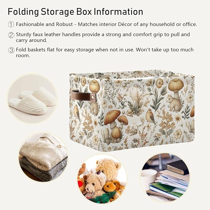 Mushrooms Berries Rectangle Storage Basket Collapsible Storage Bin for Nursery Books Waterproof Baskets for Closet Shelves Bedroom Decor