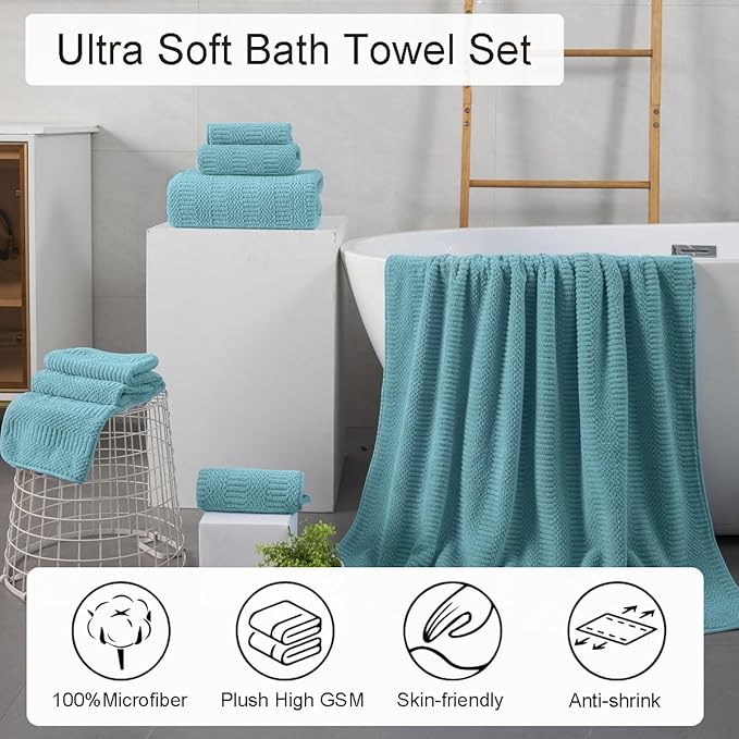 8 Piece Oversized Turquoise Bath Towel Set-2 Extra Large Bath Towel Sheets,2 Hand Towels,4 Washcloths-600GSM Soft Highly Absorbent Quick Dry Beach Chair Towels Woven Towels for Bathroom Hotel and Spa