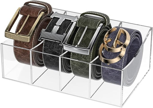 Belt Organizer, Acrylic Belt Storage Holder for The Closet and Drawer, 4 Compartments Belt Container Clear Display Case for Tie and Bow Tie
