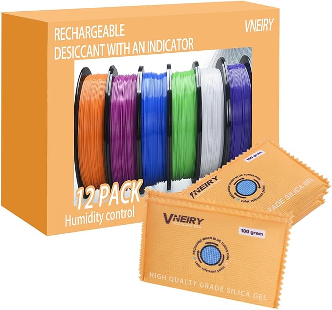 100g Rechargeable Colordot Desiccant packet (12) Reusable Moisture Absorbers with Color Indicator for 3D Filaments, Closets, Cars, Storage Bins, Luggage, Gun Safe & Small Spaces
