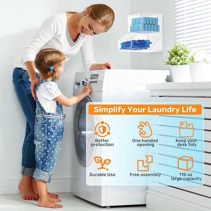 Acrylic Laundry Pods Organizer with 2 Lids - Multi-Purpose Dispenser for Dishwasher Pods, Detergent Powder, Dryer Balls & Snacks | Wall Mount or Desktop Storage