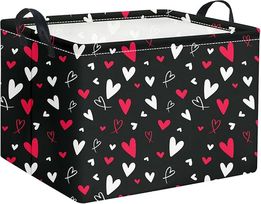 CLOCOR Rectangular Gift Basket,Collapsible Fabric Storage Container,Waterproof Storage Bin with Handles(White Heart)