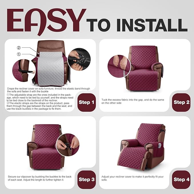 KinCam 100% Waterproof Recliner Chair Cover, Reclining Couch Covers for Pets, Dogs, Recliner Couch Slipcover Furniture Protector with Elastic Straps for Kids(25", Burgundy)