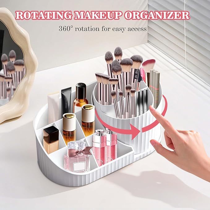 Makeup Organizer with Rotating Brush Holder Cosmetic Storage for Dresser Vanity and Bathroom Countertop Skincare Organizer for Vanity, Cosmetic Display Case for Lipstick, Skincare, Brushes, Eyeshadow