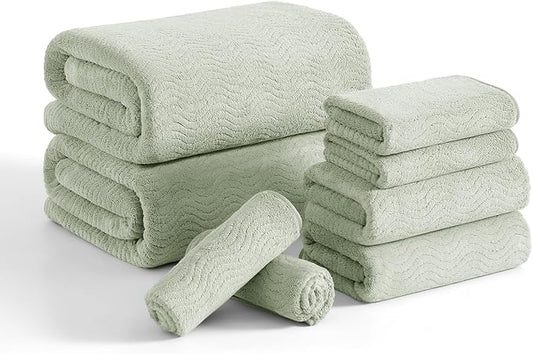 8 Piece Bath Towel Set Green|2 Oversized Large Bath Sheet,2 Hand Towels,4 Washcloths| Ultra Soft Cozy Bath Towel Set for Bathroom Hotel Gym Spa,Highly Absorbent & Quick Dry Bathroom Towel Collections