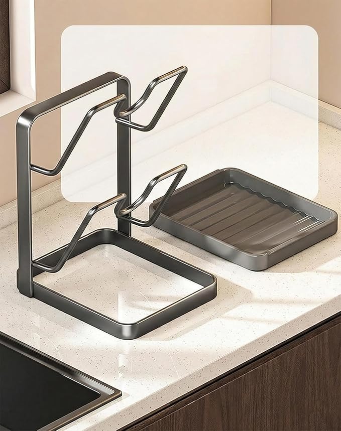 Kitchen Pot Lid Storage Rack & Organizer – Metal Pot Lid Holder While Cooking for Countertop – Heavy Duty Pan Lid Holder Stand with Drip Tray & Spoon Rest for Spatulas, Ladles & Large Lids (2-Layer)