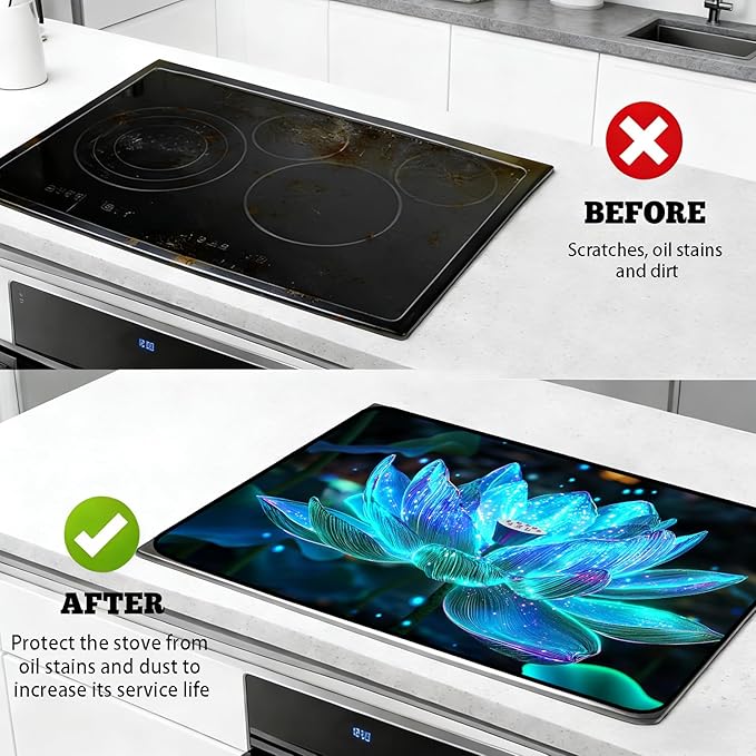 Glass Stove Top Covers for Electric Stove, Heat Resistant Counter Protector Mat, Non Slip Waterproof Surface Cover for Kitchen Counter and Cooktop (Glowing Blue Lotus, 28"L x 20"W)