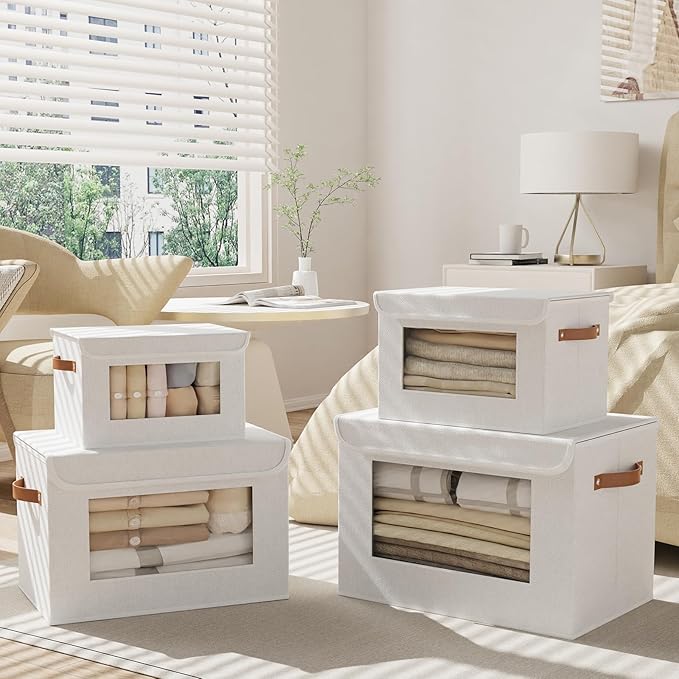 Storage Baskets with Lids, Storage Boxes with Handles for Shelves, Decorative Fabric Closet Organizers, White, 15 x 9.8 x 9.8 Inch, 3-Pack