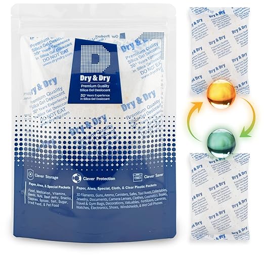 Dry & Dry Orange Indicating Silica Gel Packets Desiccants - Food Safe Silica Gel Packets, Desiccant Packs for Food Storage - White & Orange - 3 Packets (500 Gram)