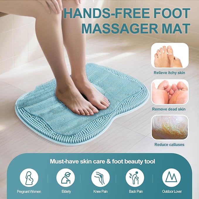 XL Shower Foot Scrubber Mat, Silicone Feet Massage Scrubber in Shower Clean Foot Toes Pad without Bending Non-slip Suction Cups -Blood Circulation Exfoliate Achy Relief 17.4*13.4" Light Blue