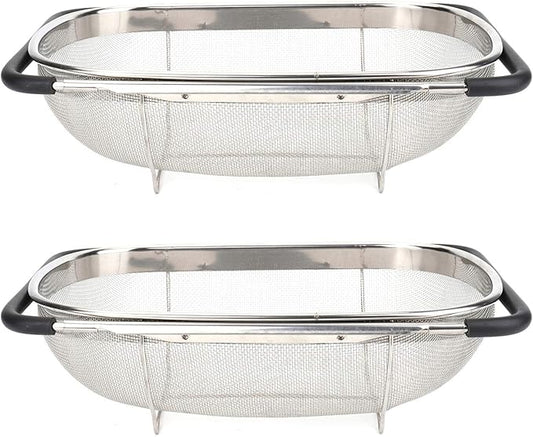 Suwimut 2 Pack Over the Sink Oval Colander for Kitchen, Stainless Steel Fine Mesh 6 Quart Strainer Basket with Expandable Rubber Grip Handles for Straining, Draining, Rinsing Fruits, Vegetables